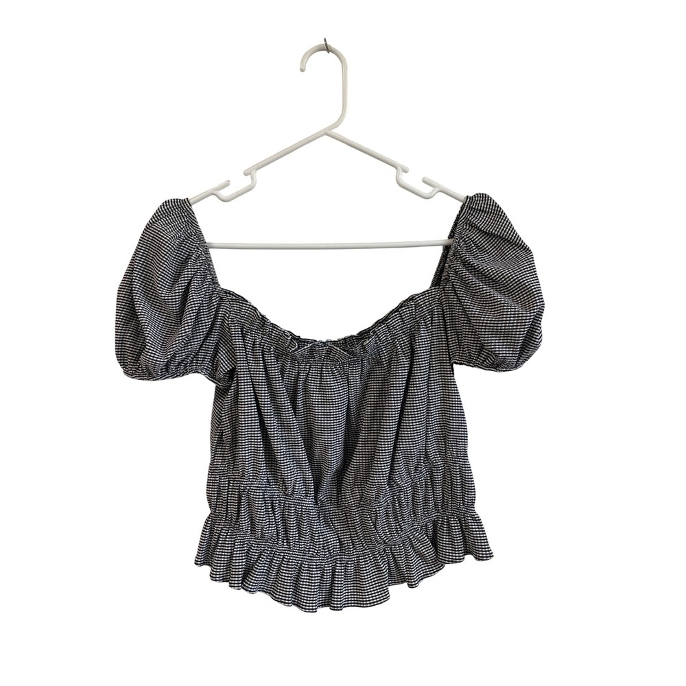 MNG Crop Top Large Coquette Black White Gingham Smocked Off Shoulder Puff Sleeve